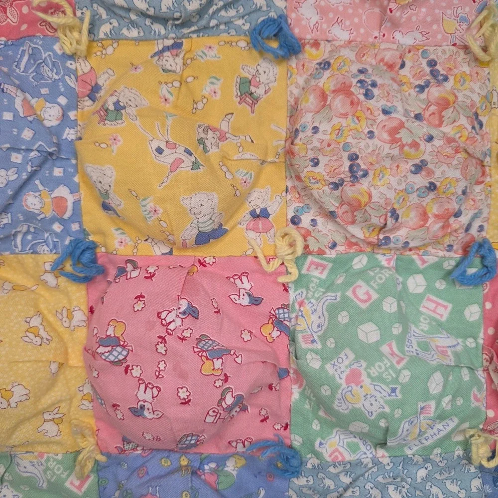 Vintage Handmade Pastel Floral Puff Biscuit Baby Quilt Patchwork Cottagecore